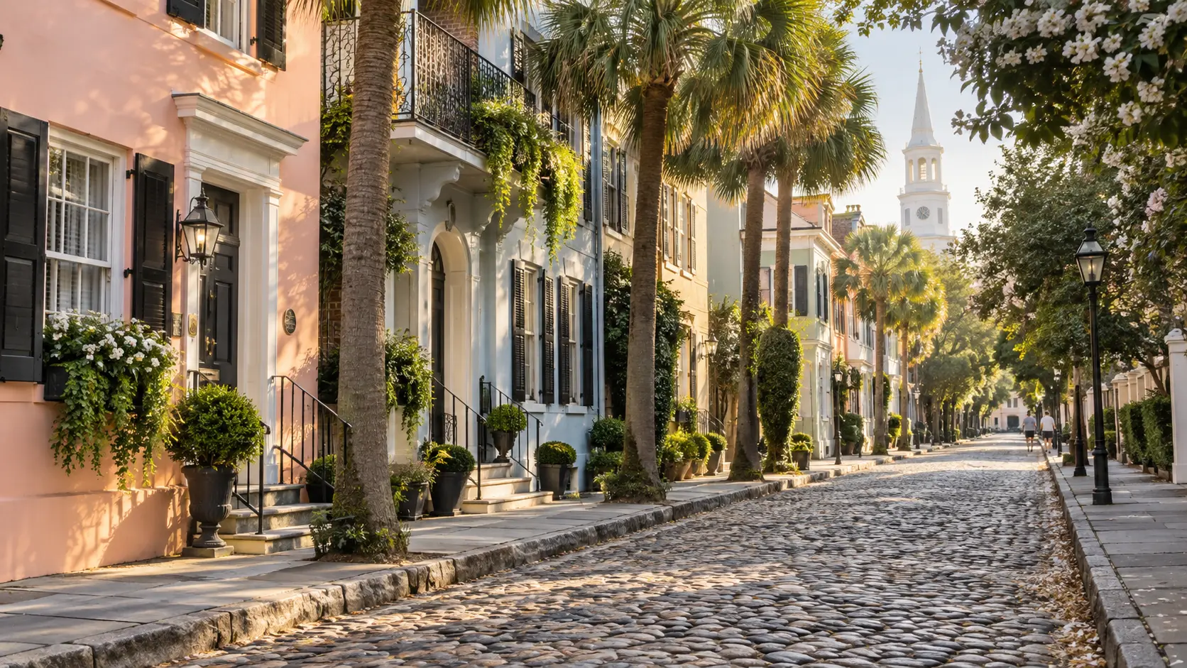 Pastel historic houses and palmettos glow in Charleston's South Carolina Lowcountry.