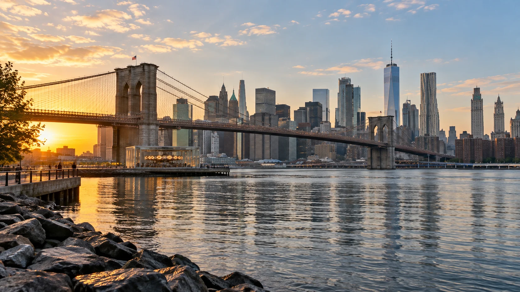 The Manhattan skyline rises beyond Brooklyn Bridge Park in New York City.