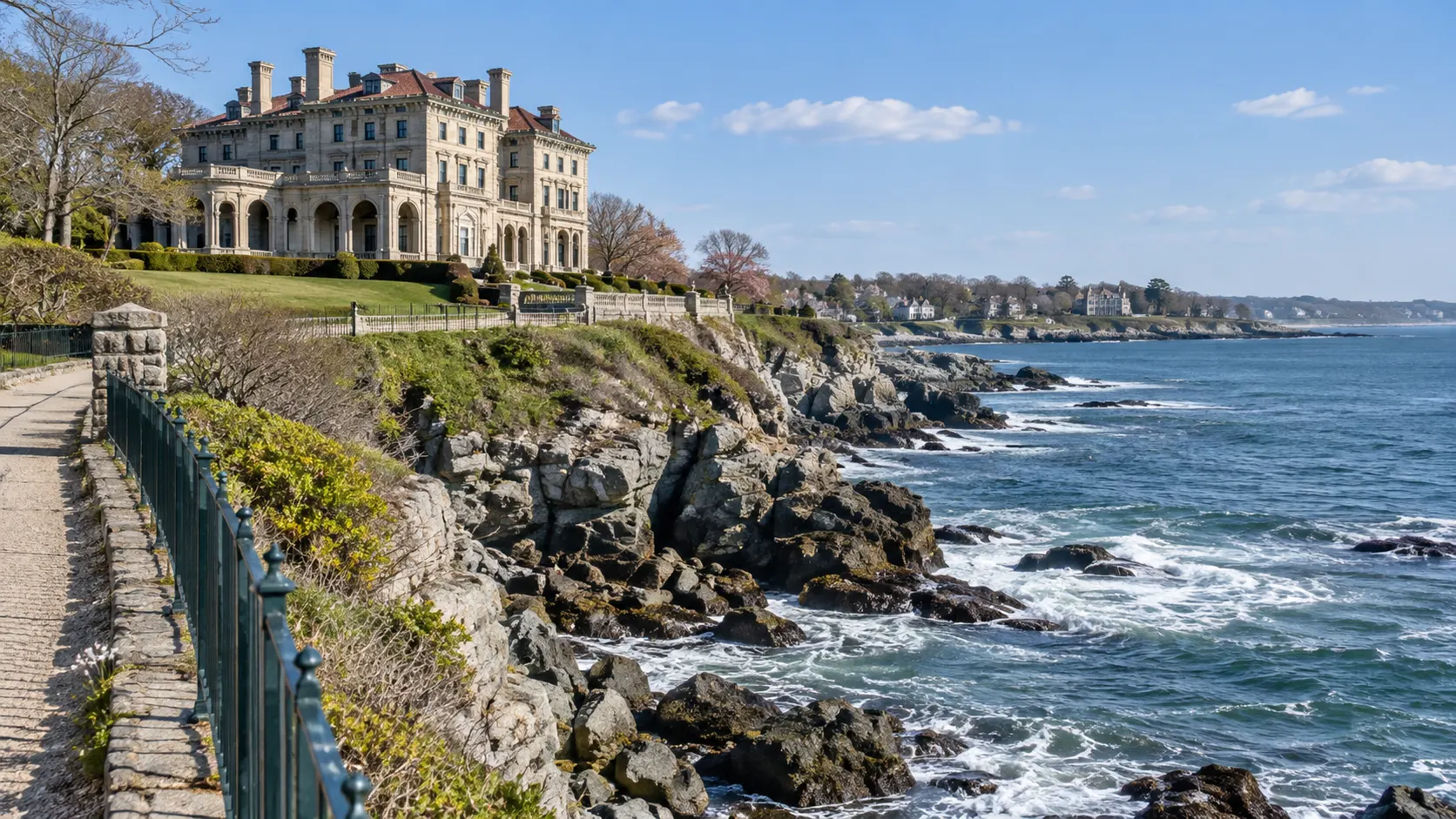 Cliff Walk scenery frames a grand seaside mansion in Newport, Rhode Island.