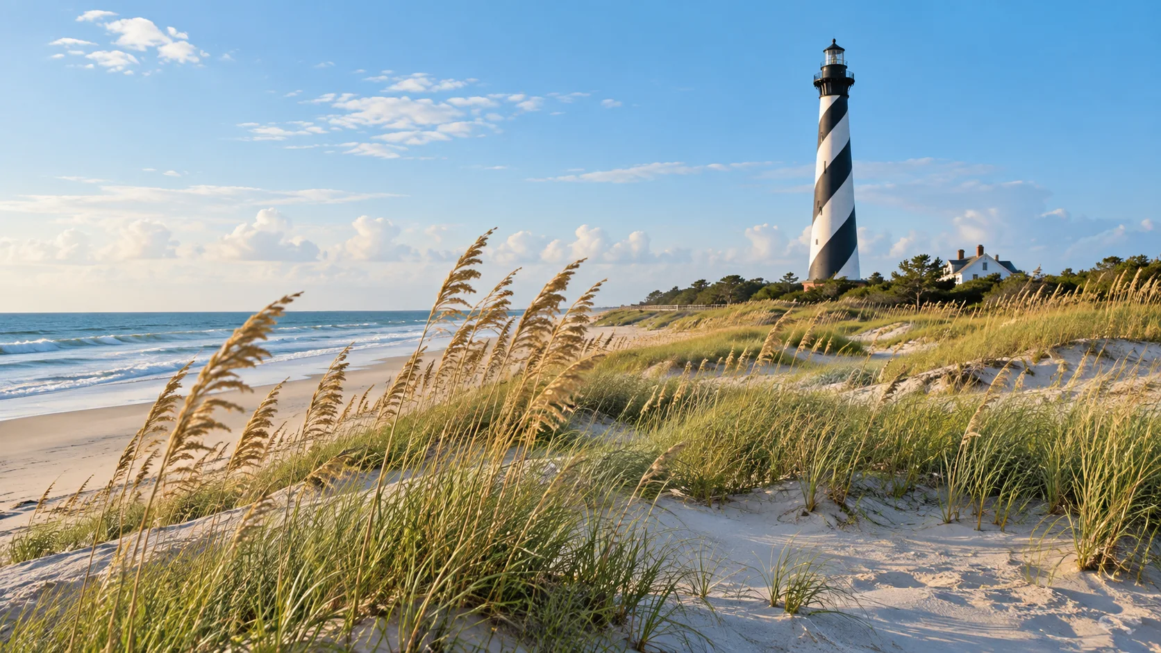 A lighthouse rises above dunes and sea oats along North Carolina's Outer Banks.