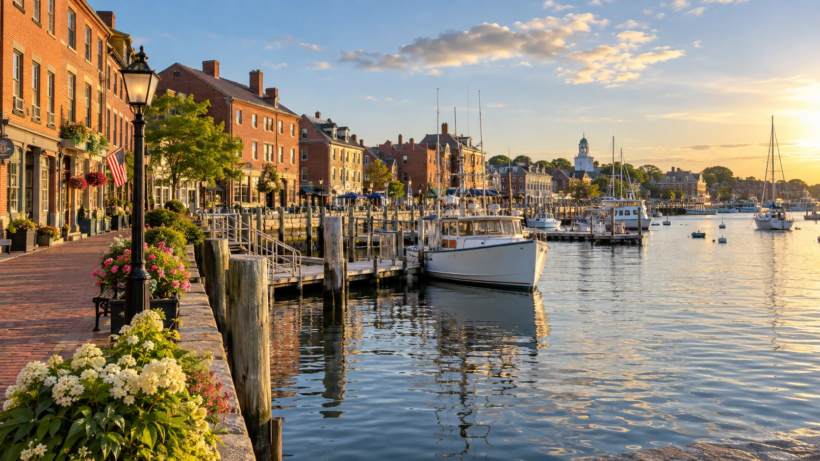 Historic brick buildings line the waterfront in Portsmouth, New Hampshire.