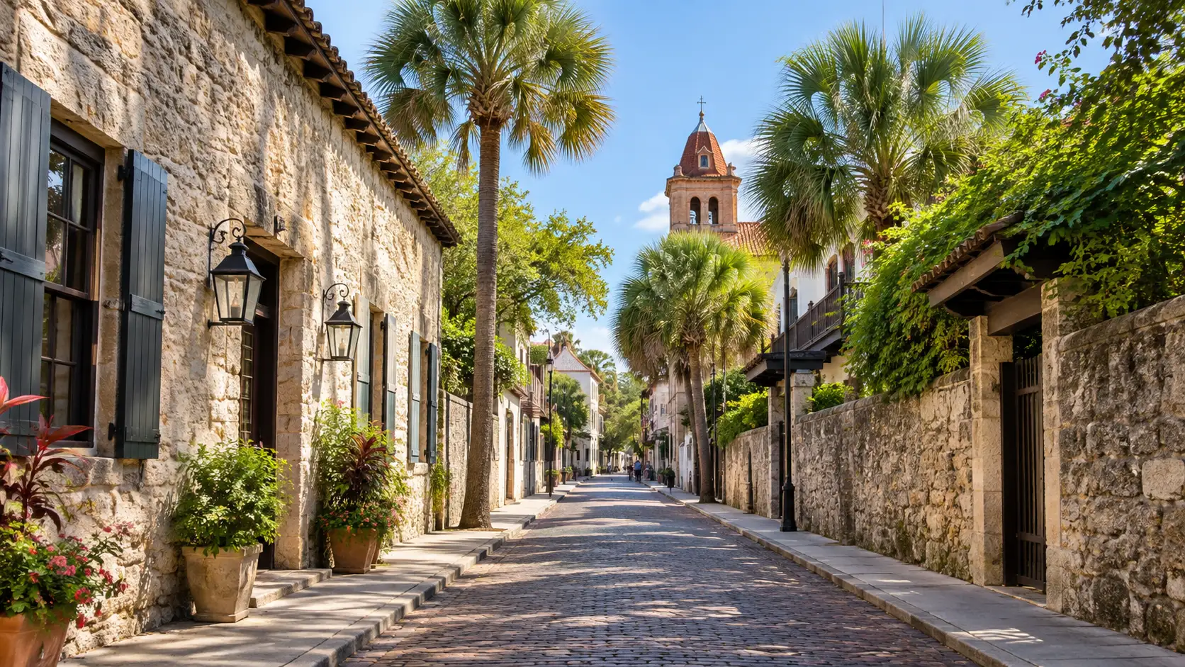 Spanish colonial architecture and palms line a historic street in Saint Augustine.