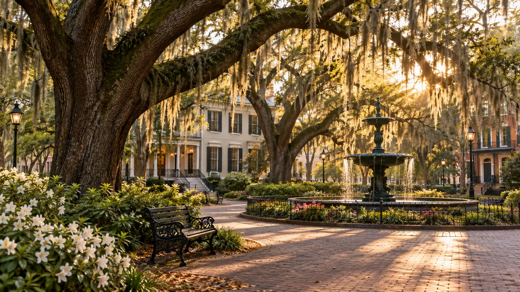 Live oaks draped with Spanish moss shade a historic Savannah square.