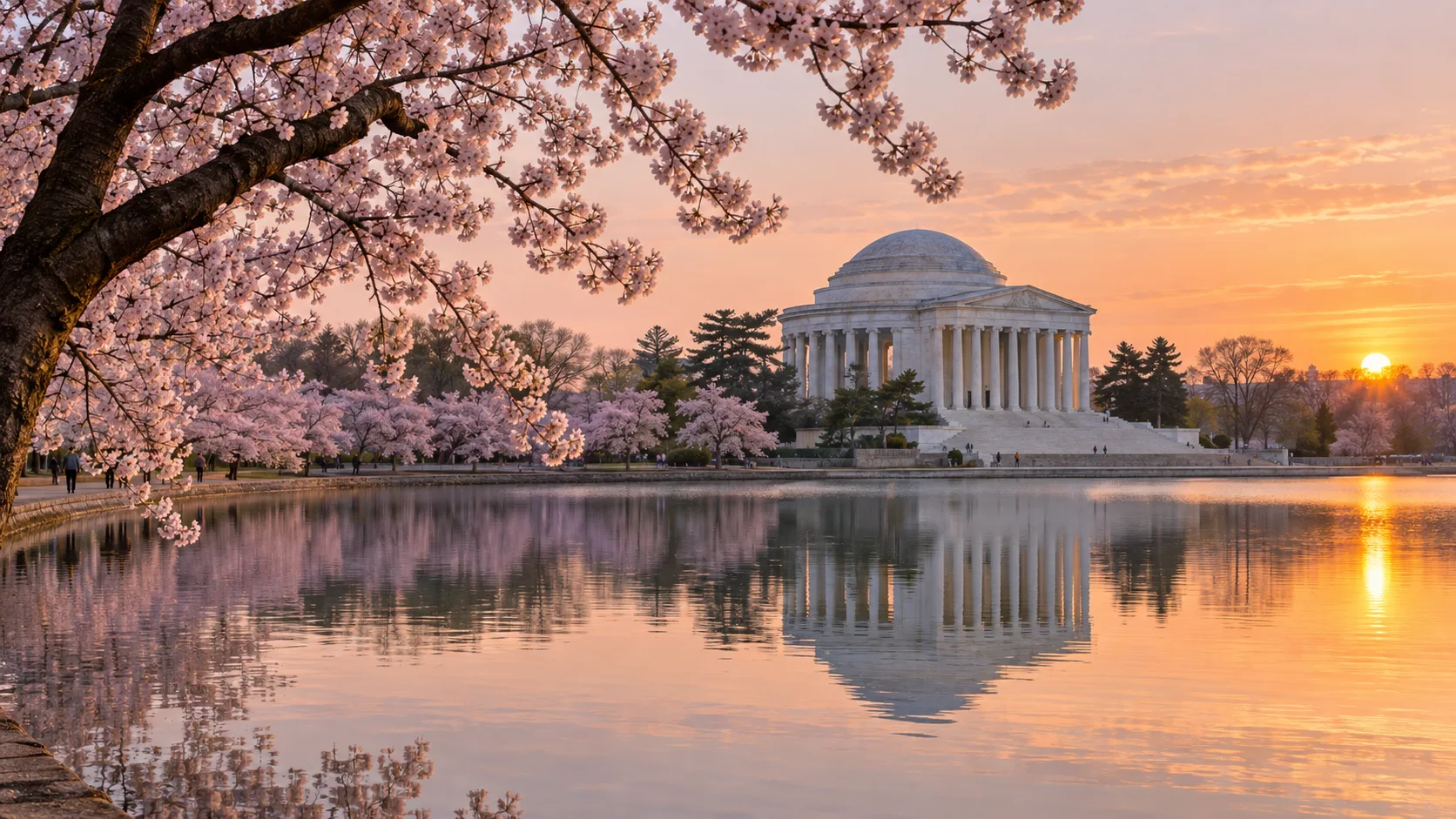 The Jefferson Memorial reflects across the Tidal Basin in Washington, D.C.