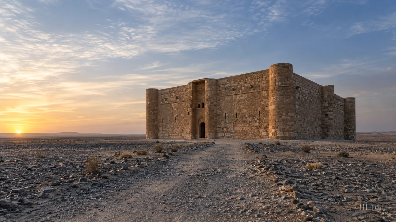 The isolated Umayyad fortress of Qasr Kharana beneath a vast dawn sky in Jordan's eastern desert.