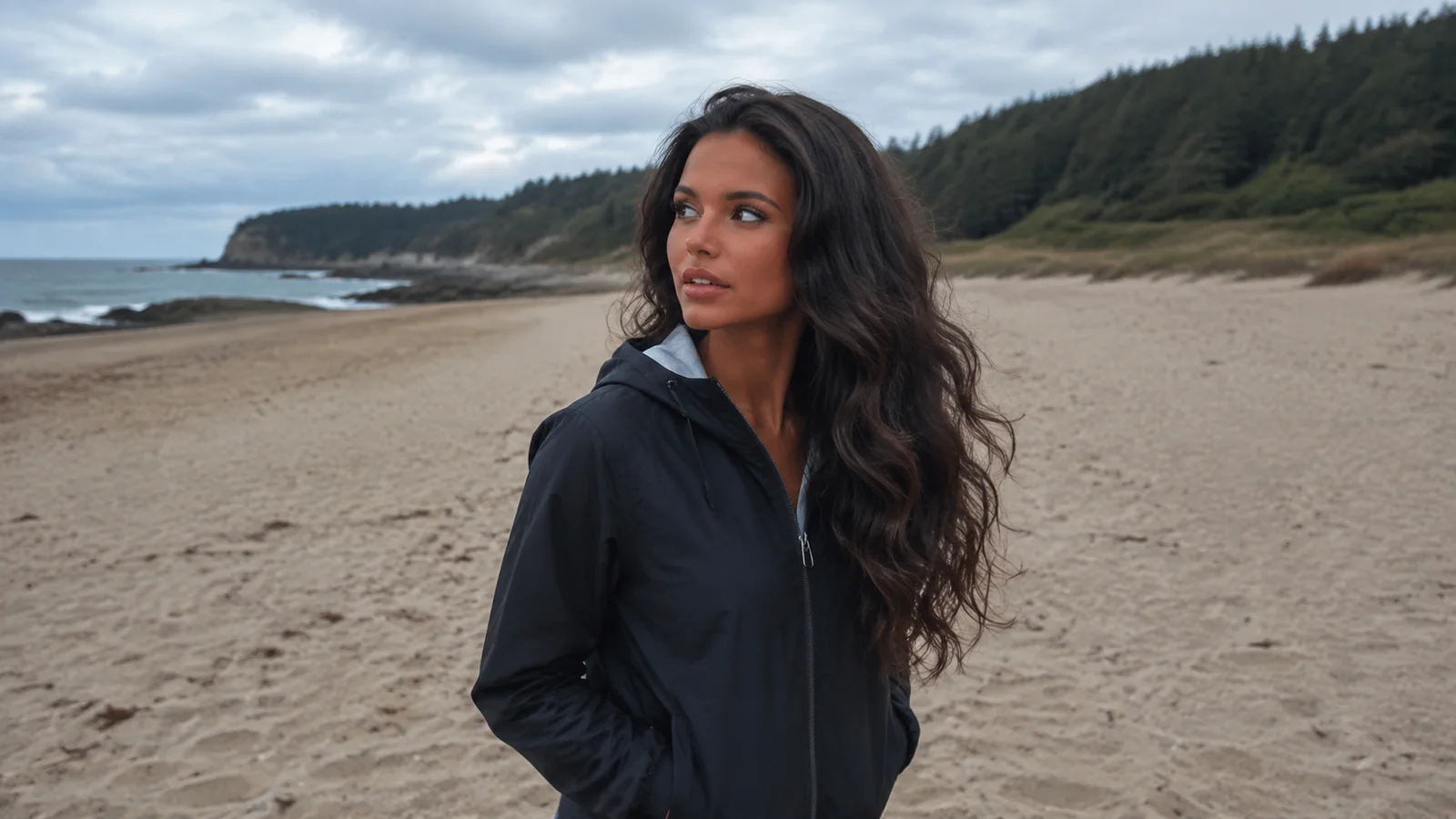 Woman wearing a dark jacket stands on a quiet sandy beach.