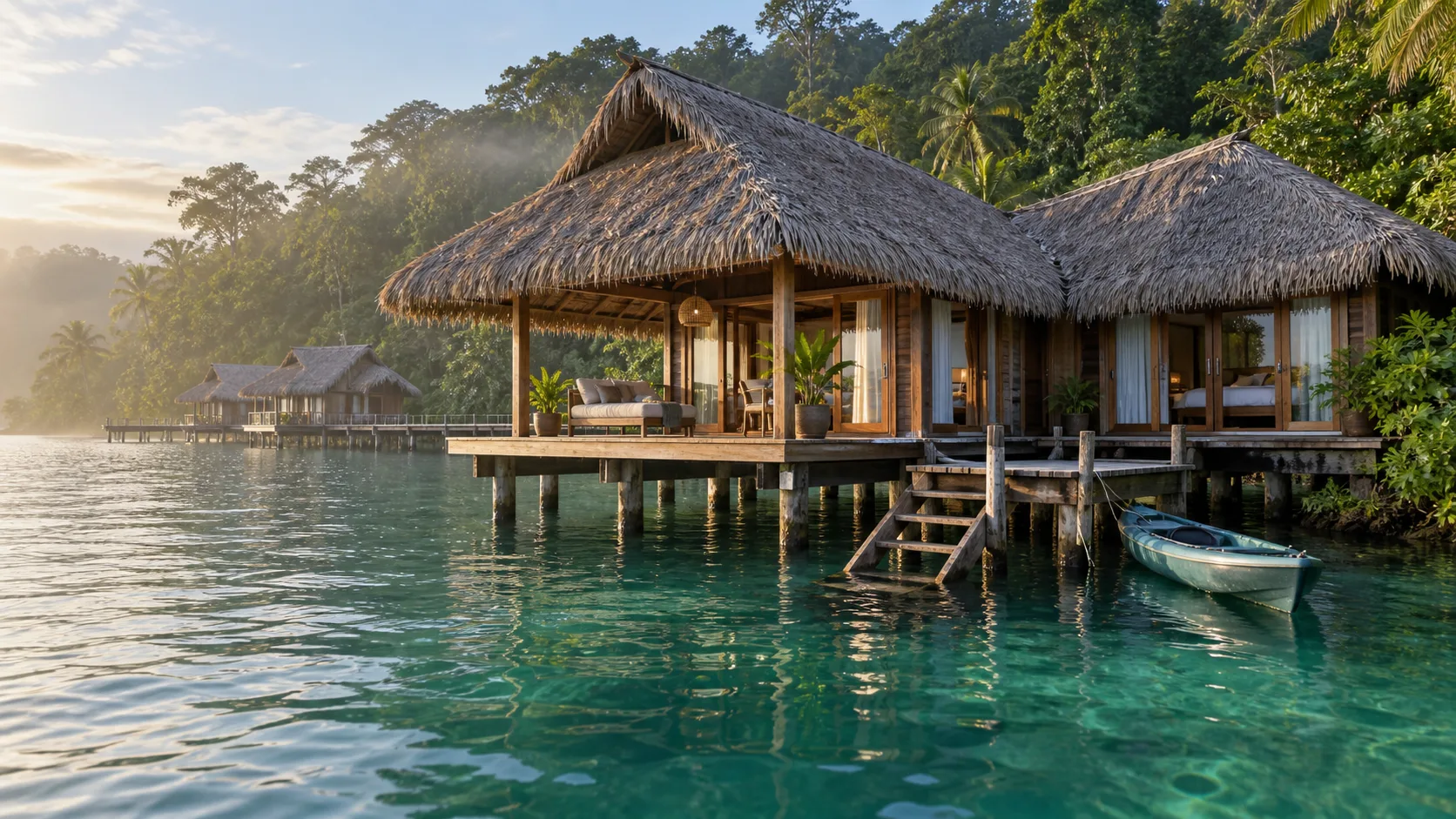 Thatched honeymoon bungalow above calm Caribbean water at Eclypse de Mar Acqua Lodge in Panama.