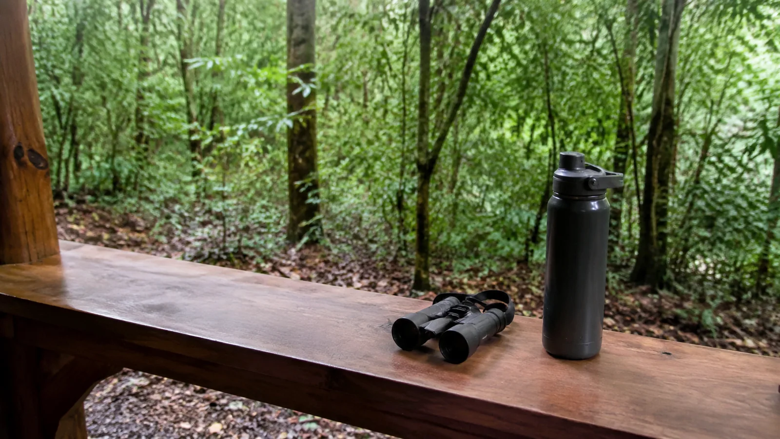 Binoculars and a reusable bottle rest on a wooden ledge overlooking forest.