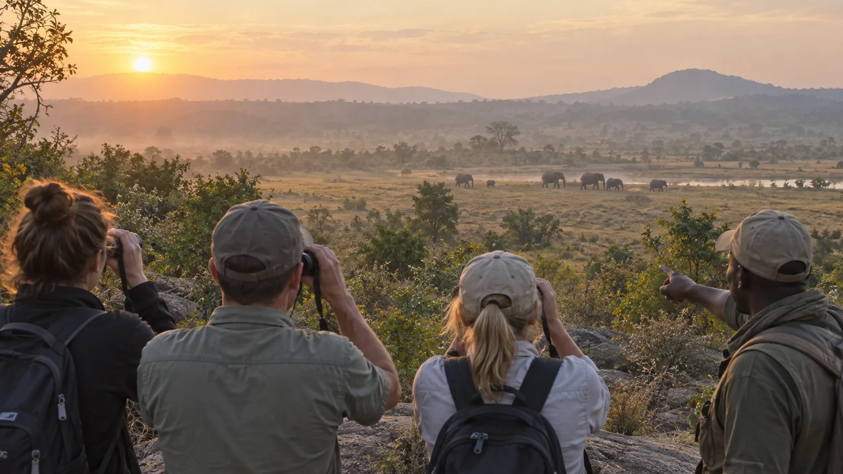 Small guided group watching elephants from a respectful distance on an ecotourism safari
