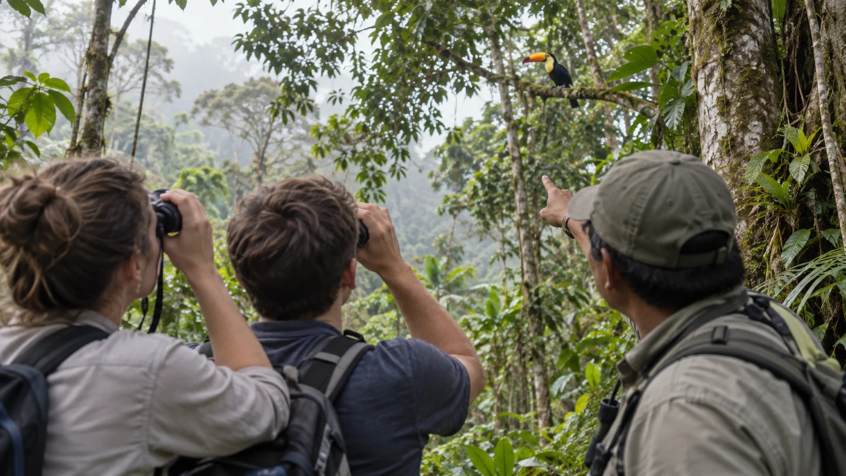 Local birding guide helping travelers spot a toucan in a tropical forest