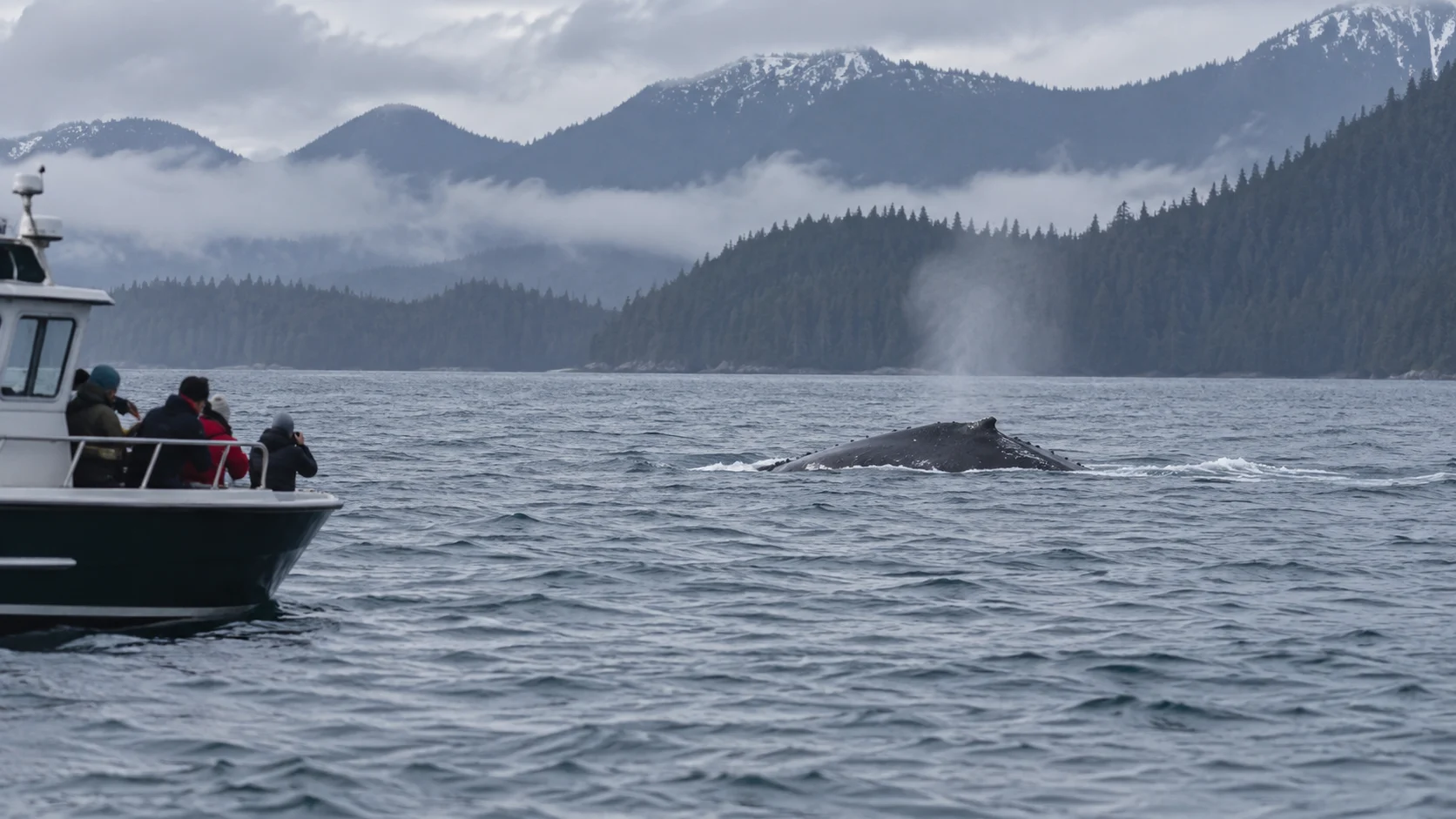 Whale surfacing at a safe distance from a responsible small-group tour boat