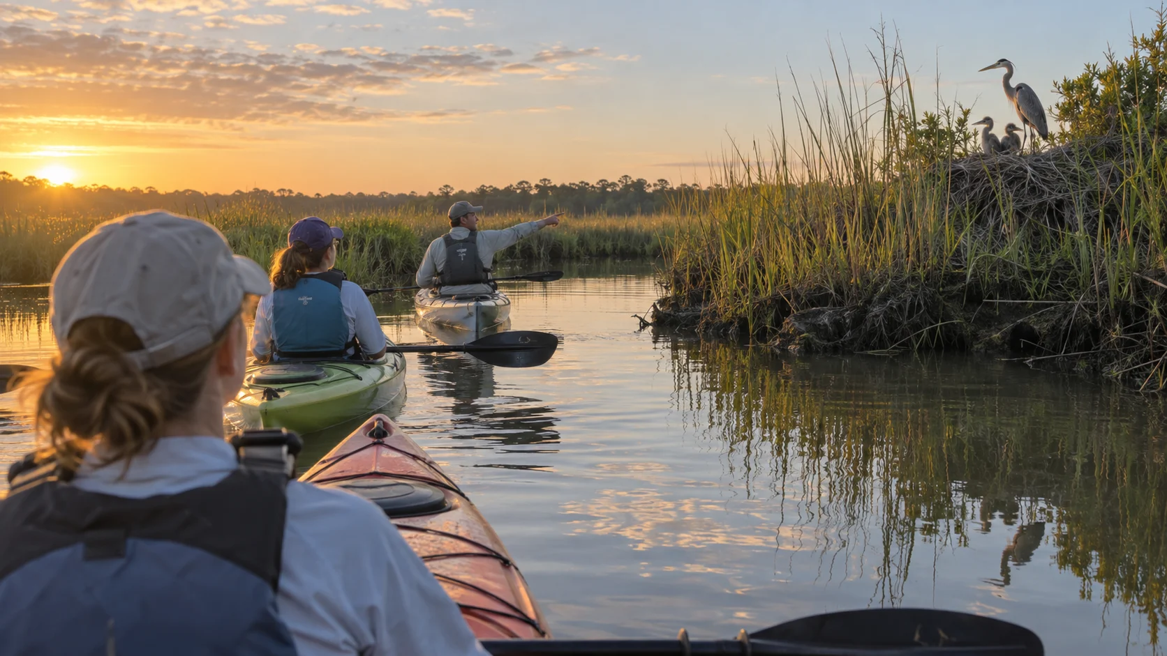 Kayakers quietly observing wetland birds with a habitat-aware guide