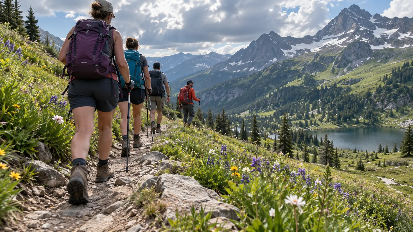 Small guided hiking group following an established alpine trail