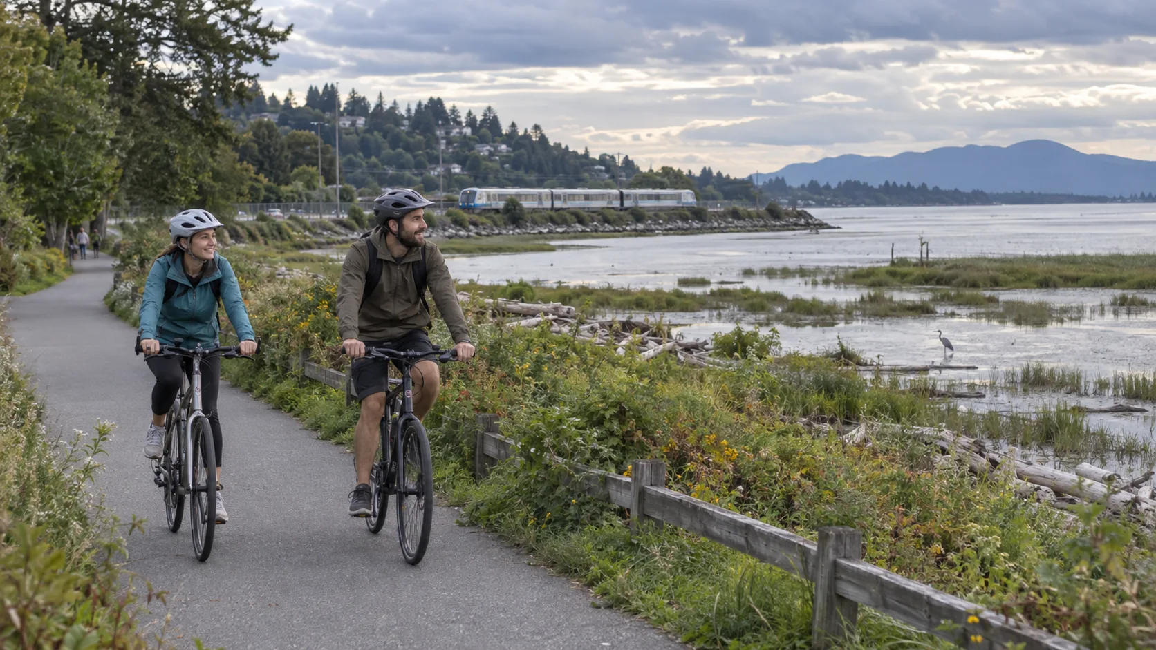 Travelers cycling a quiet nature route beside a wetland and local transit stop
