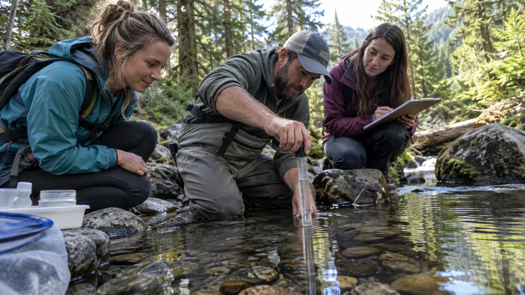 Travelers helping researchers collect water samples for a citizen science project