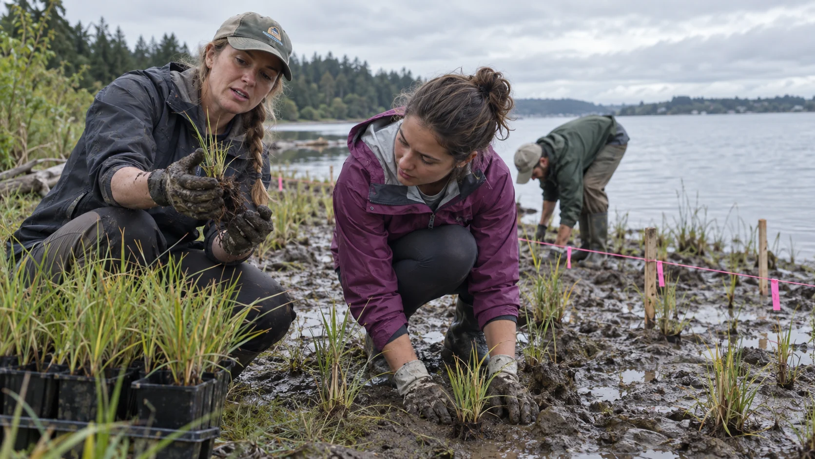 Local ecologist teaching volunteers to plant native sedges during wetland restoration