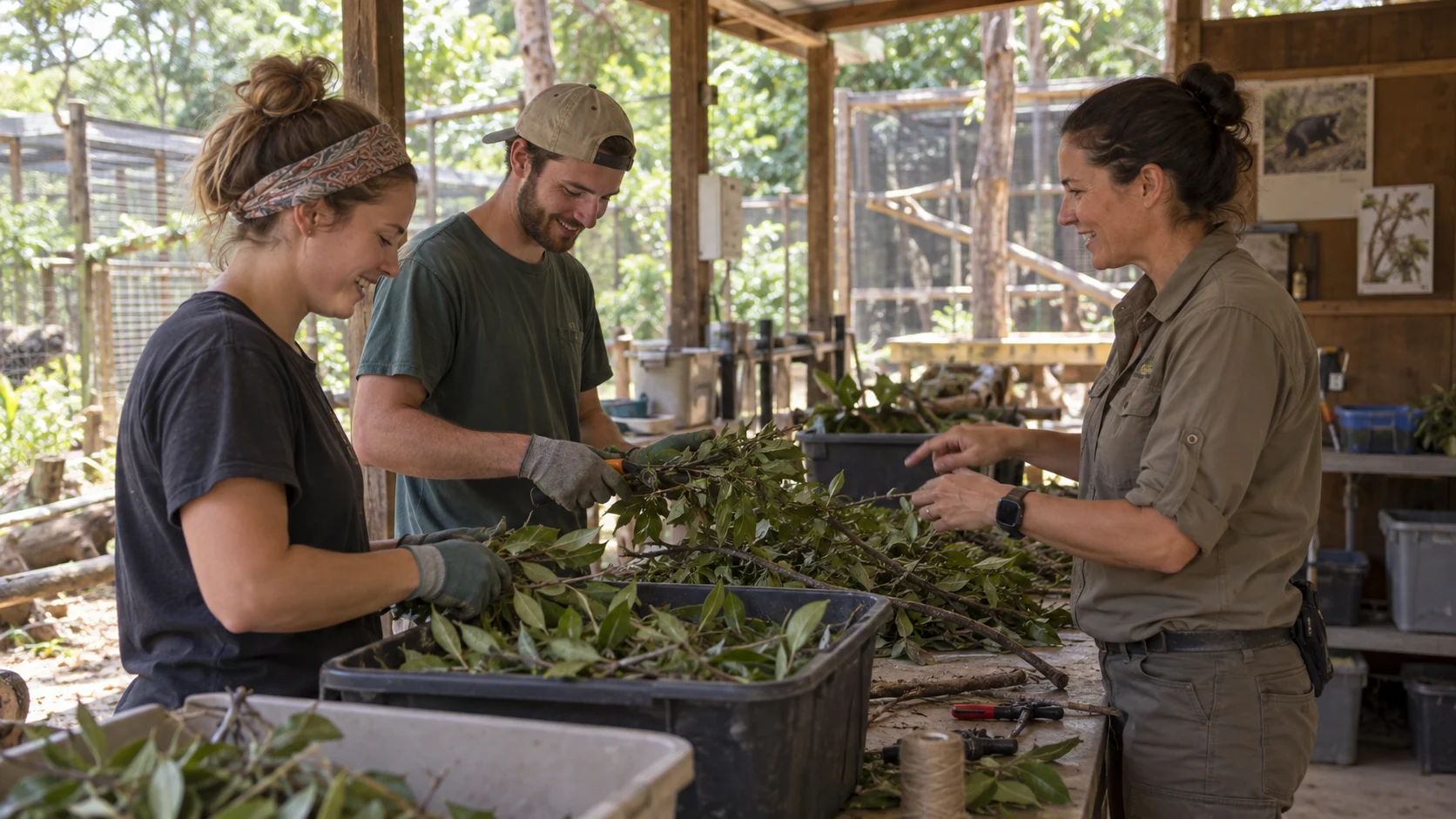 Conservation professional supervising volunteers preparing enrichment branches at a wildlife rehabilitation center