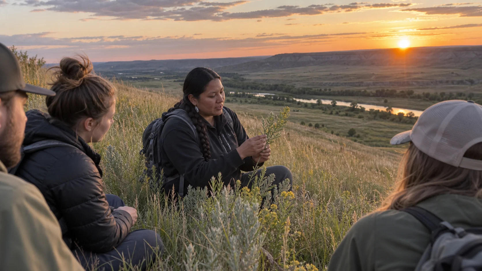 Indigenous guide sharing traditional plant knowledge during a community-led land experience