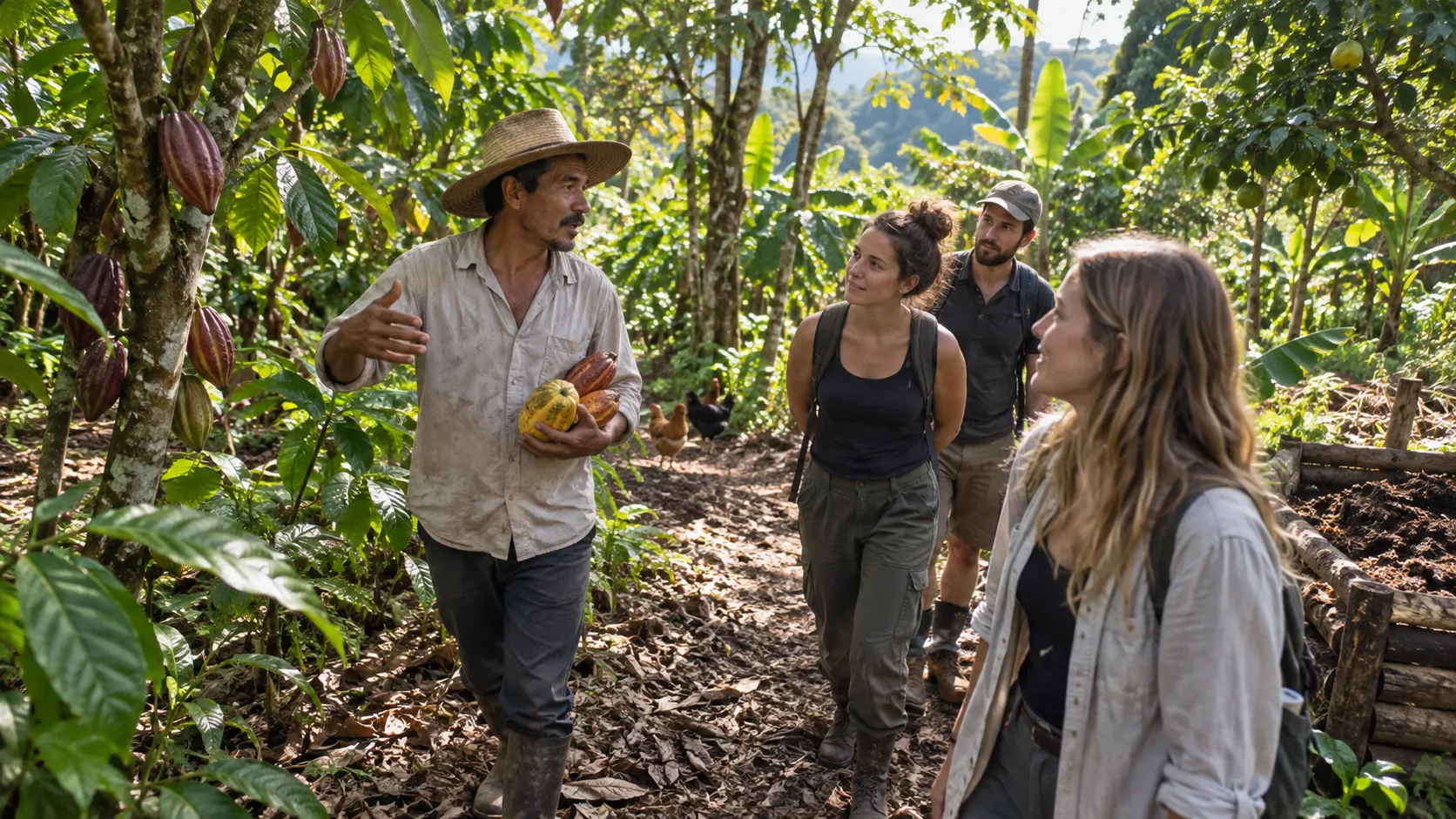 Local farmer leading visitors through a regenerative cacao agroforestry farm