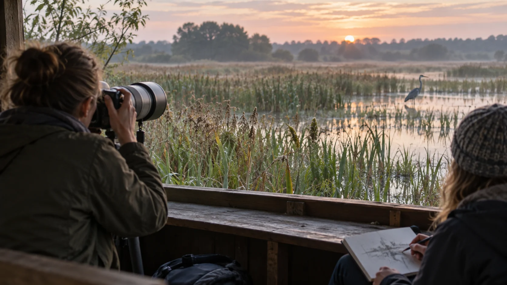 Photographer and sketch artist quietly observing a heron from a wetland hide