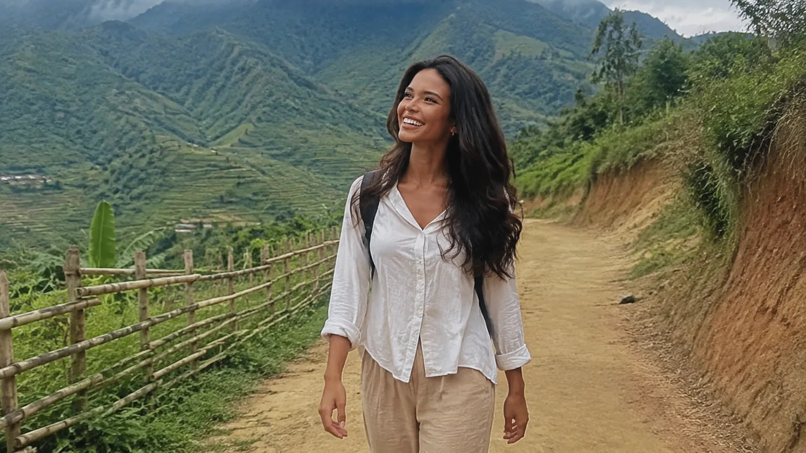 Woman walks along a hillside path above green cultivated terraces.