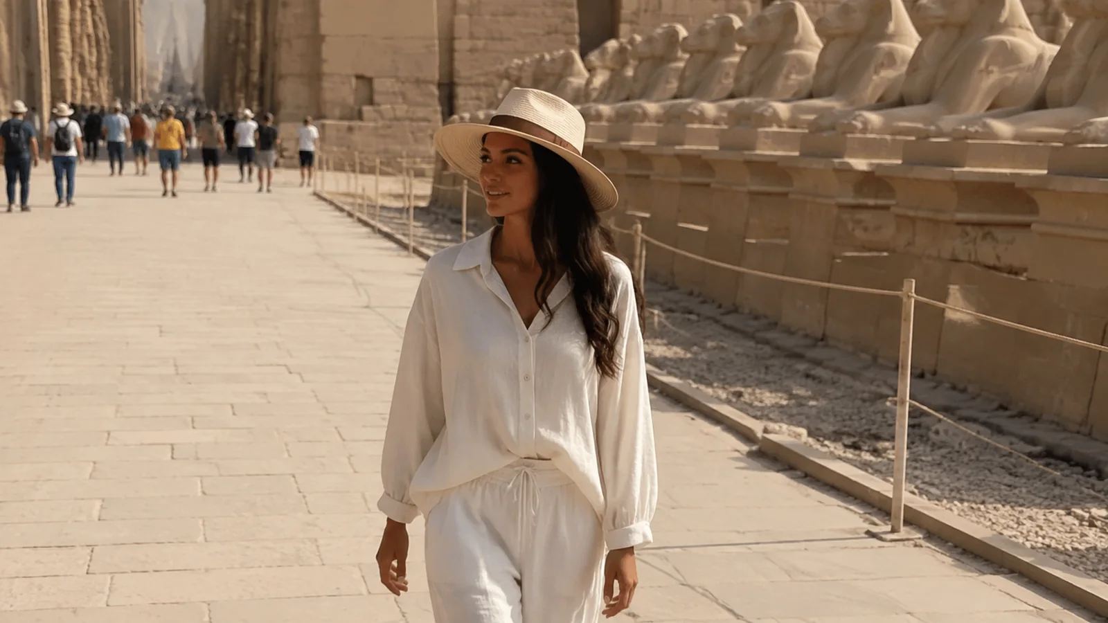 Woman wearing a sun hat walks beside ancient stone temple walls.