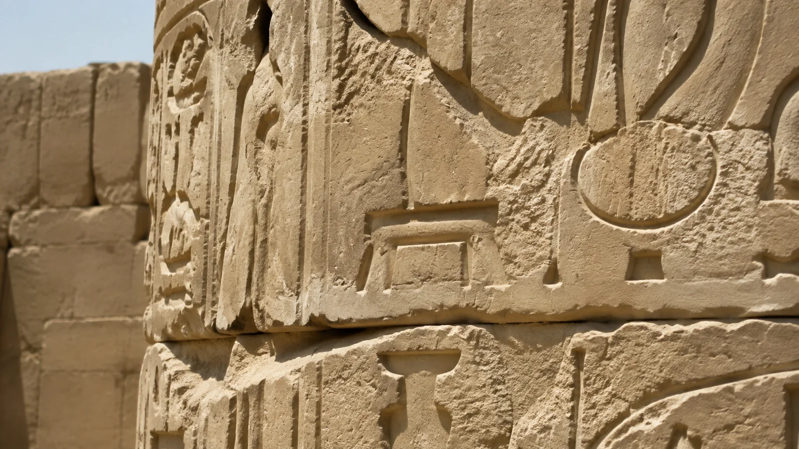 Close view of carved hieroglyphs on weathered sandstone blocks.