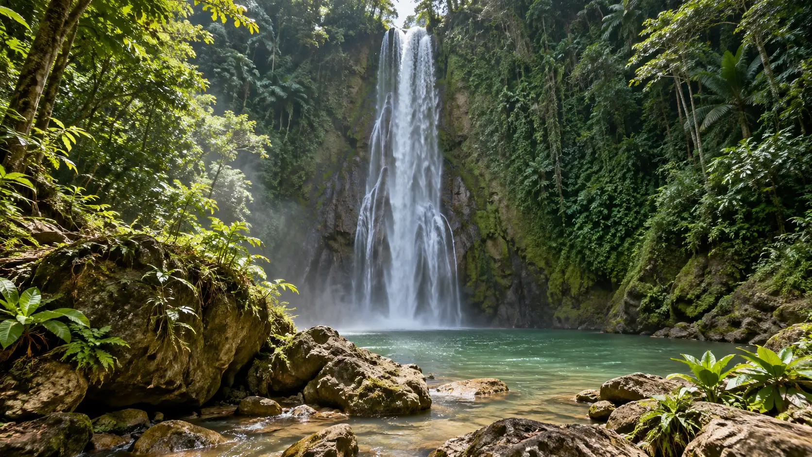 El Limón Waterfall plunging from a mossy jungle cliff into a clear green pool on the Samaná Peninsula.