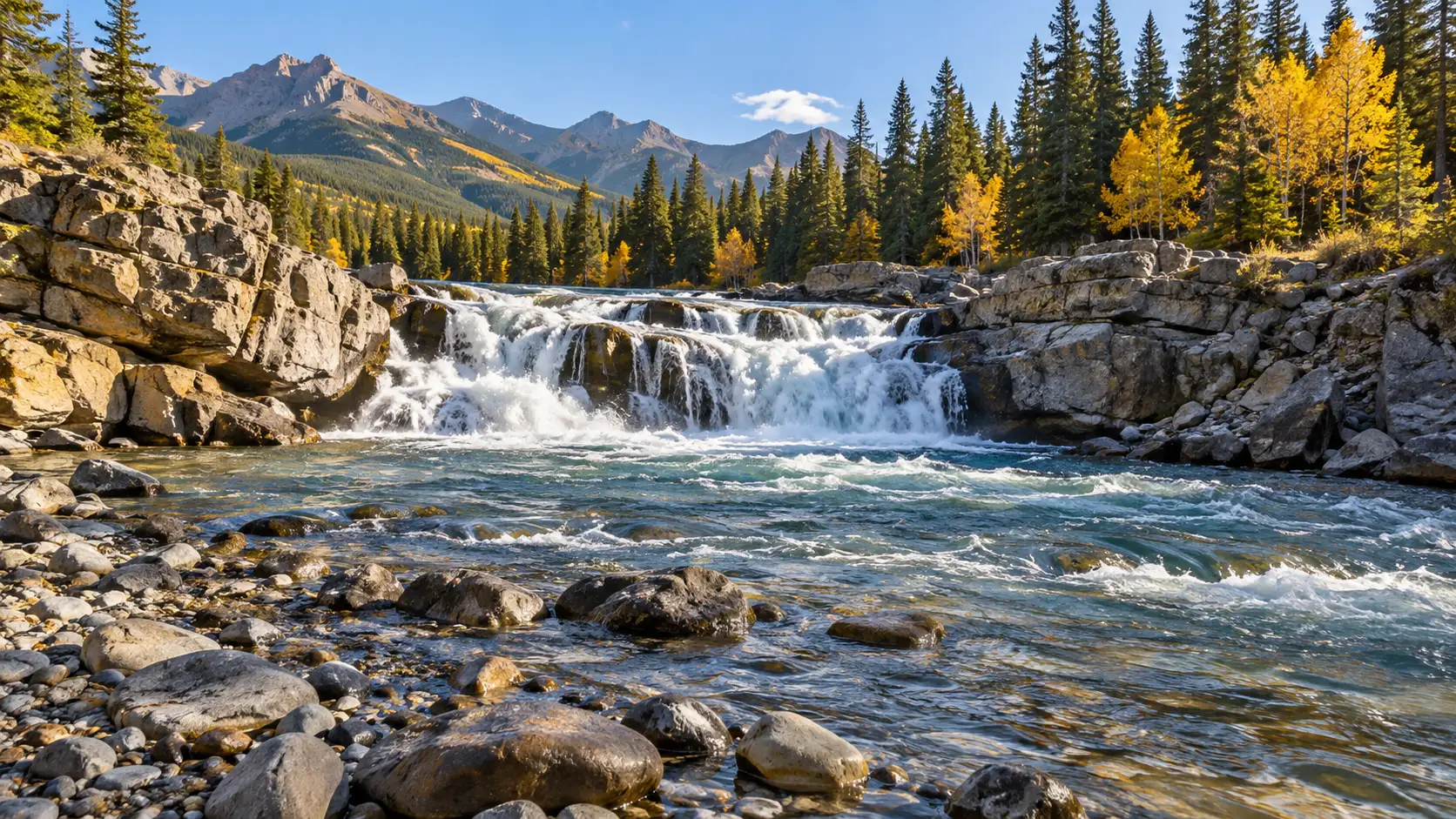 Elbow Falls tumbles across limestone shelves amid autumn forest in Kananaskis, Alberta.