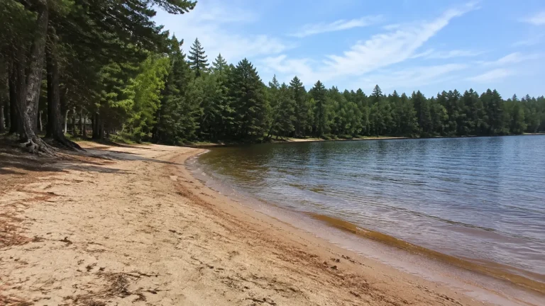Sandy lakeside beach curves beneath tall evergreen trees.