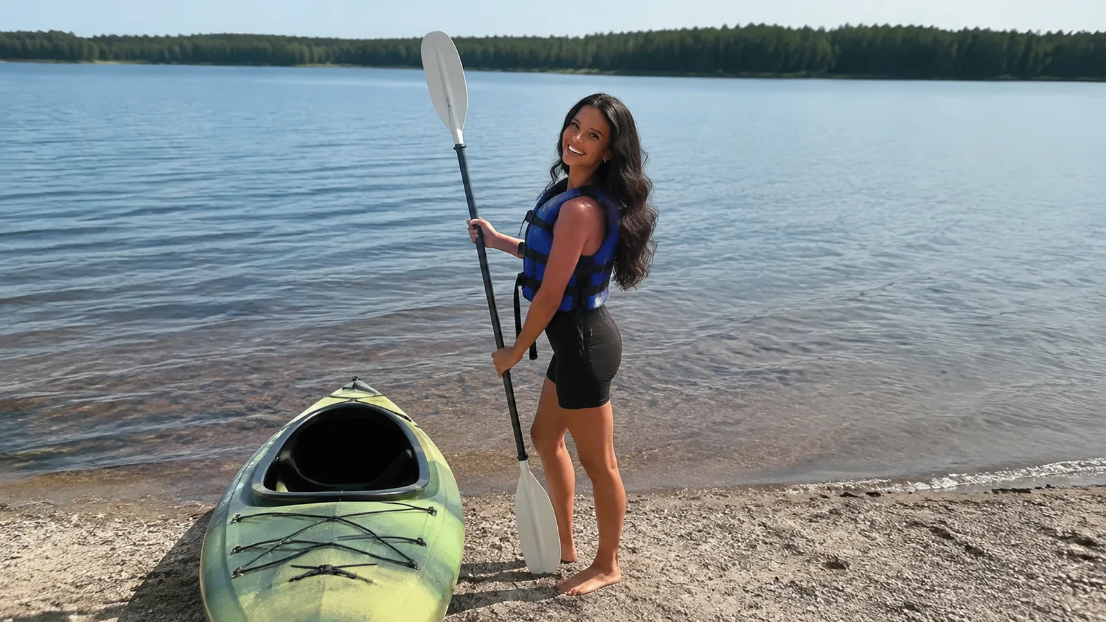 Woman holding a paddle beside a green kayak at the water's edge.