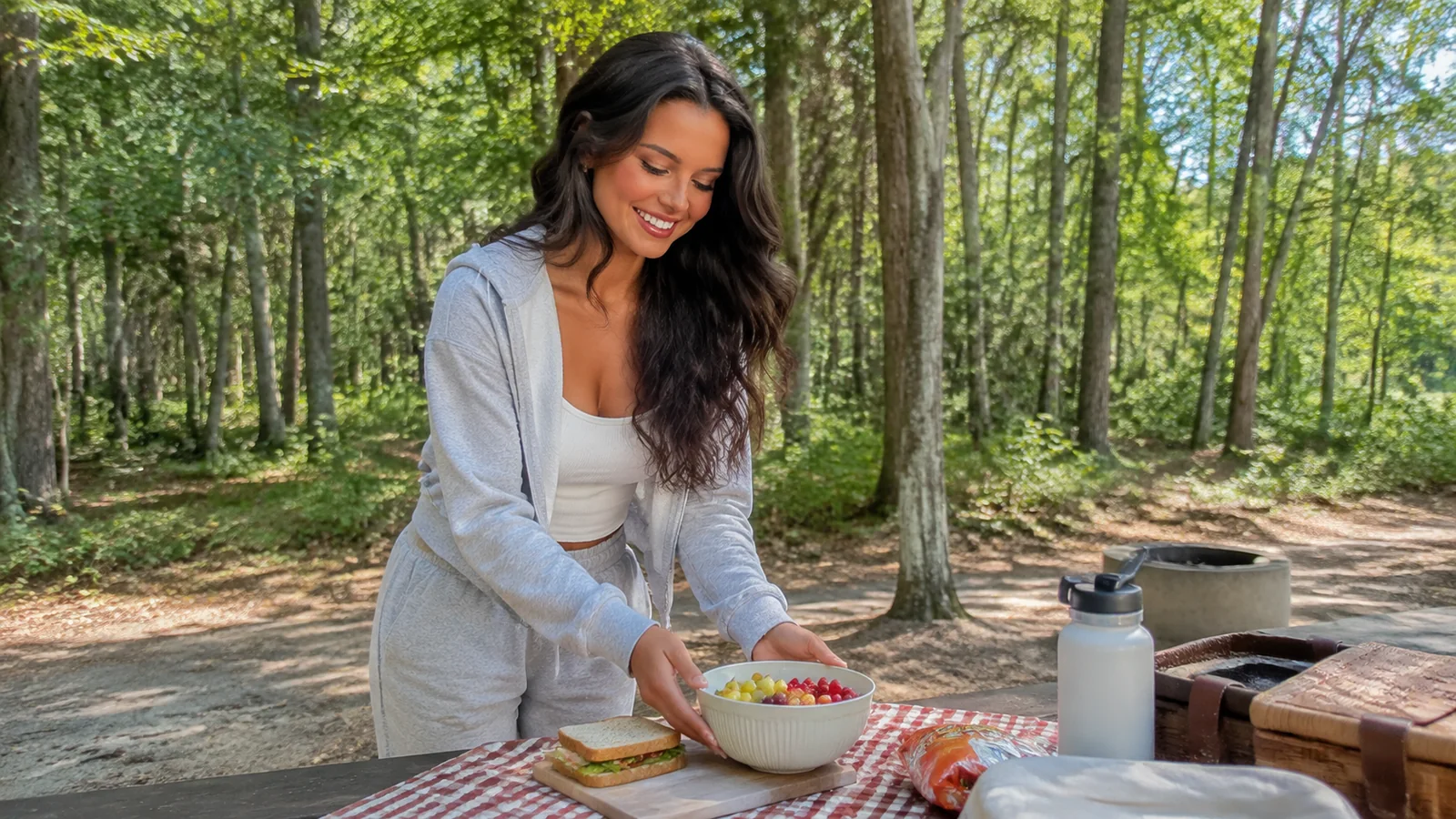Woman preparing food at a picnic table in a wooded campground.