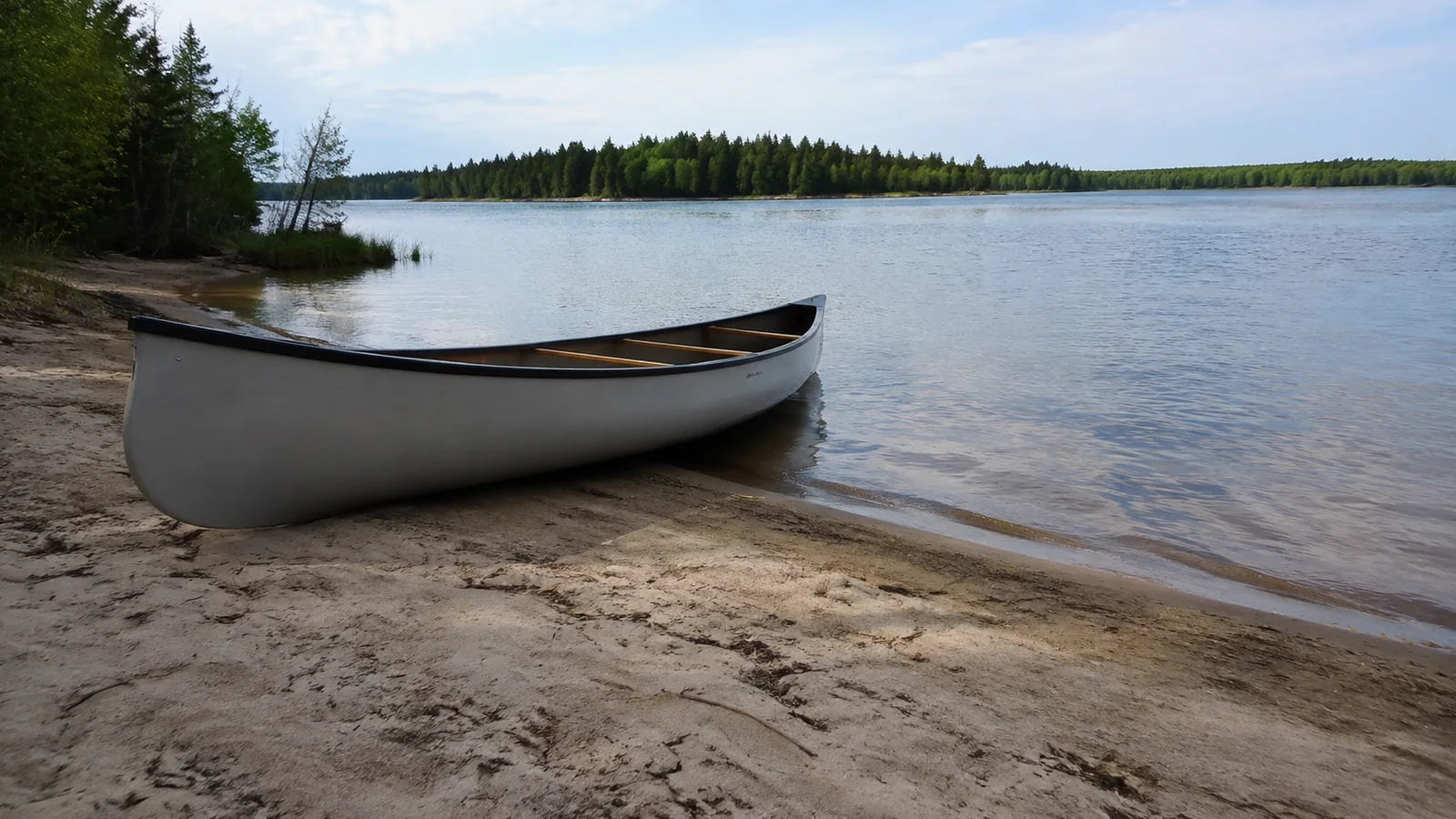 Canoe rests at the edge of a sandy lake beach.