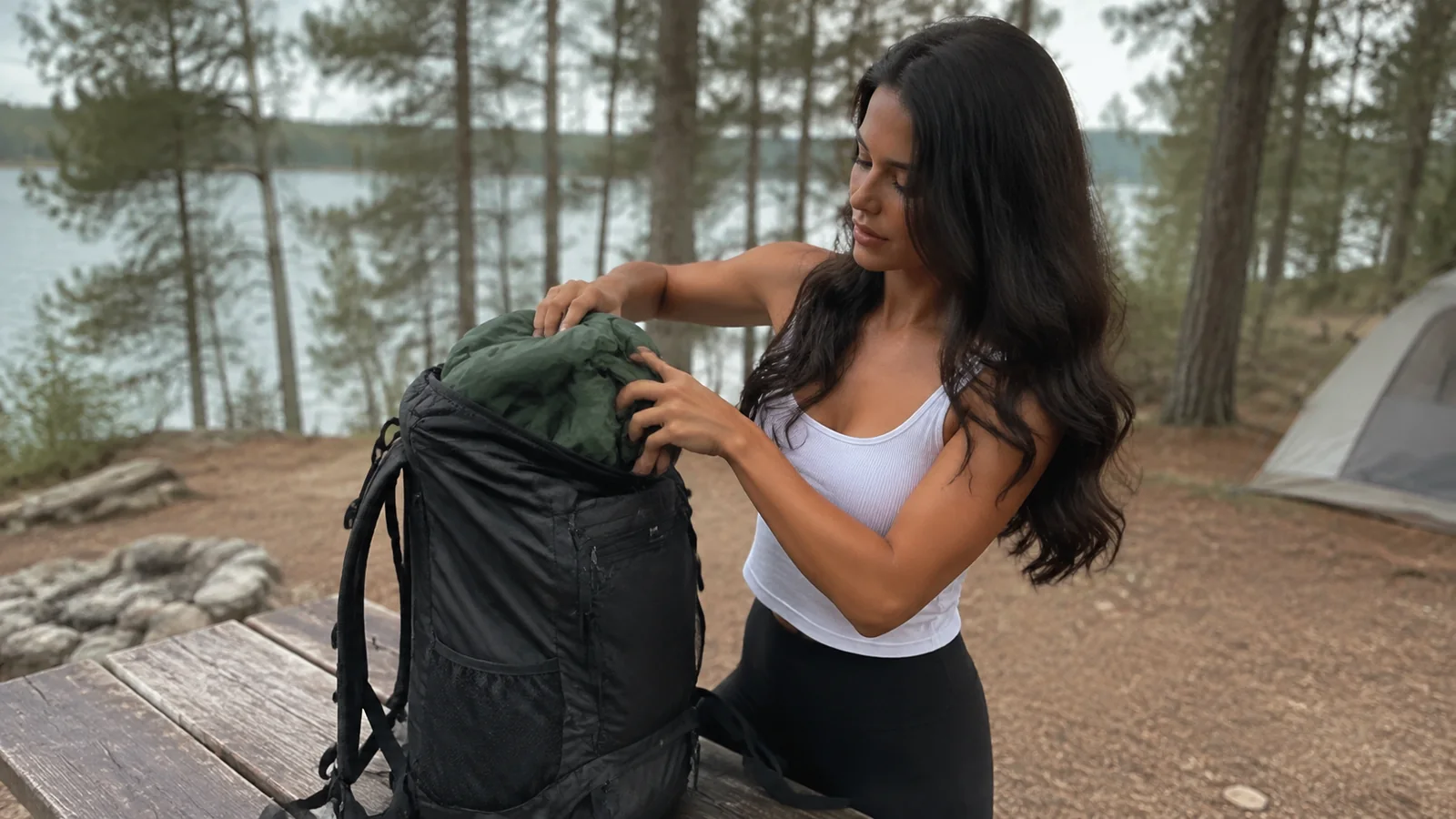 Woman packs clothing into a backpack at a lakeside campsite.