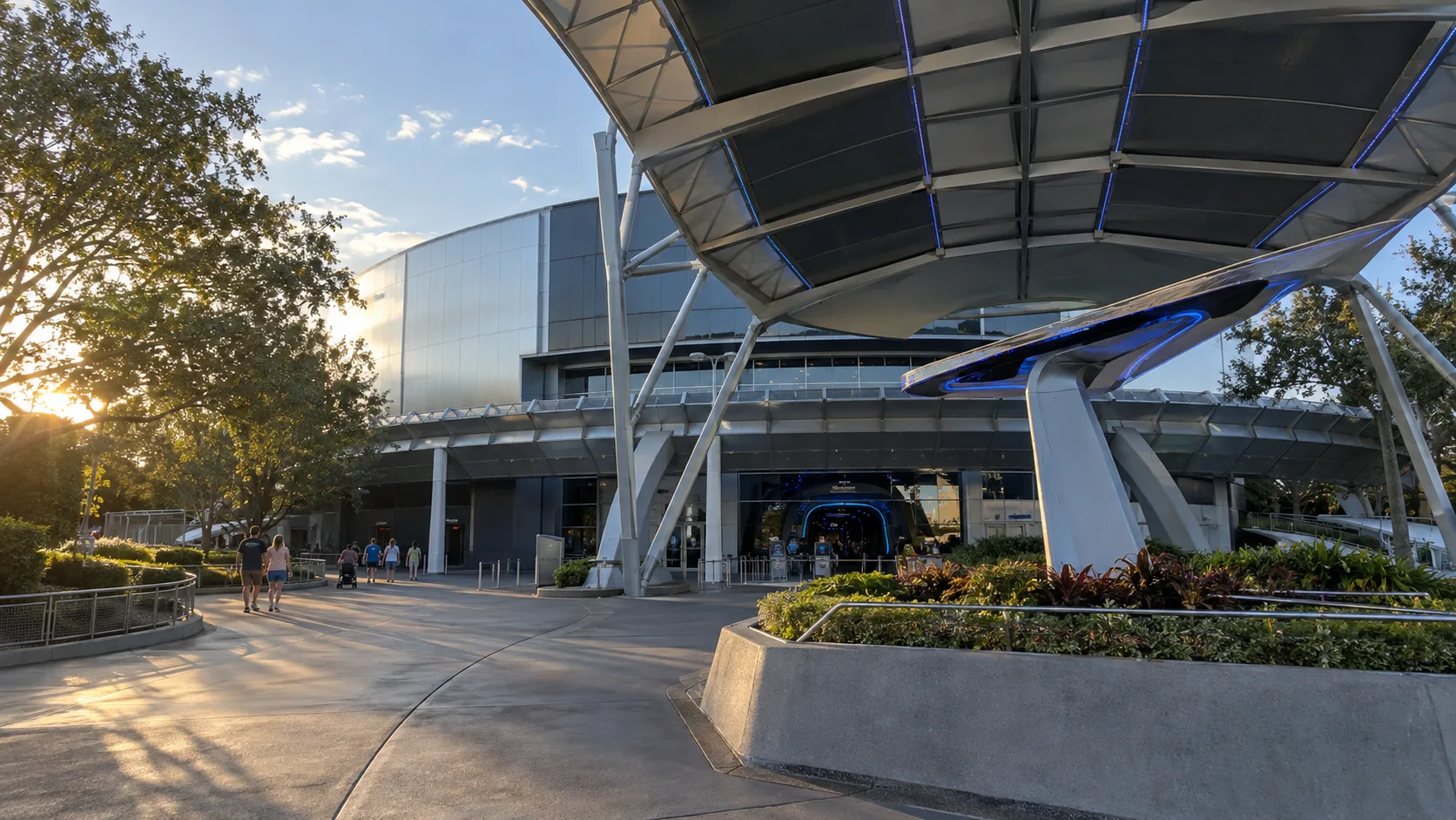 Test Track pavilion at EPCOT in late afternoon