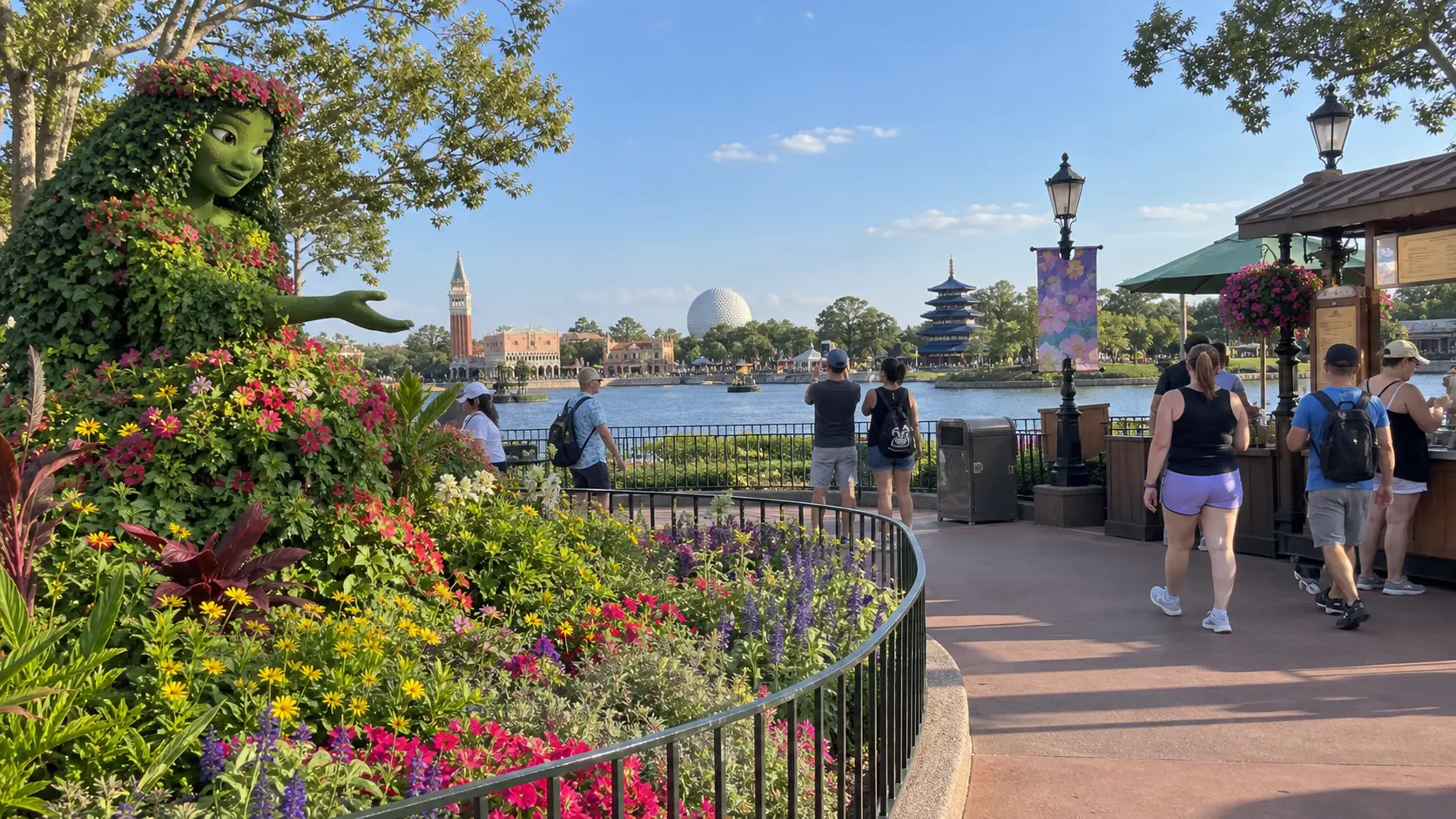 Colorful festival flowers around EPCOT World Showcase Lagoon