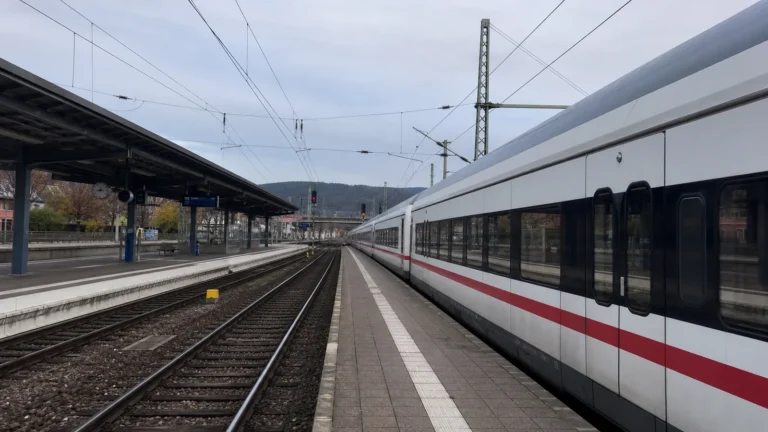 White passenger train with a red stripe beside a station platform.