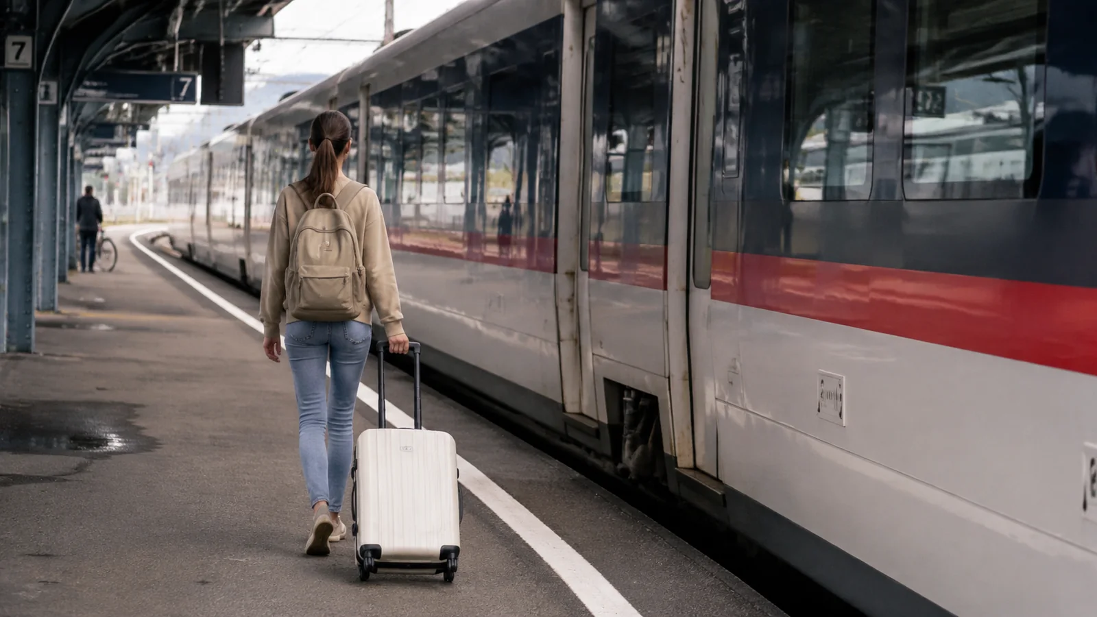 Traveler pulling a suitcase along a platform beside a passenger train.