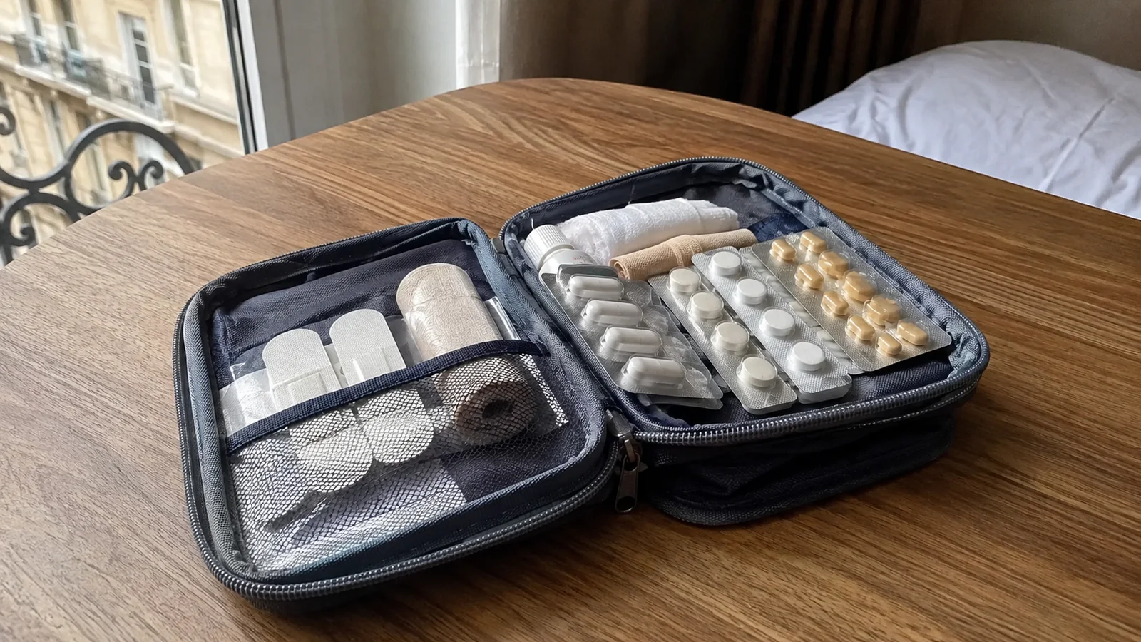 Small first-aid supplies organized in an open zippered pouch.