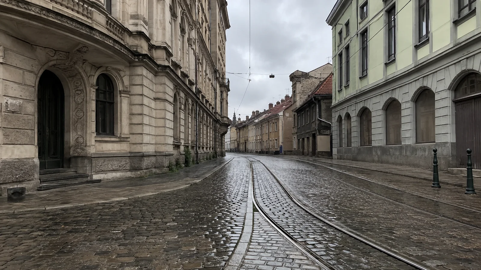 Tram tracks curve along a wet cobbled street between historic buildings.