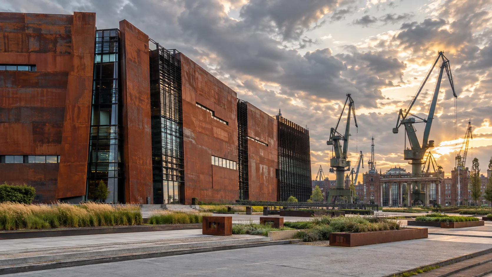 Weathering-steel European Solidarity Centre beside the historic Gdansk Shipyard cranes