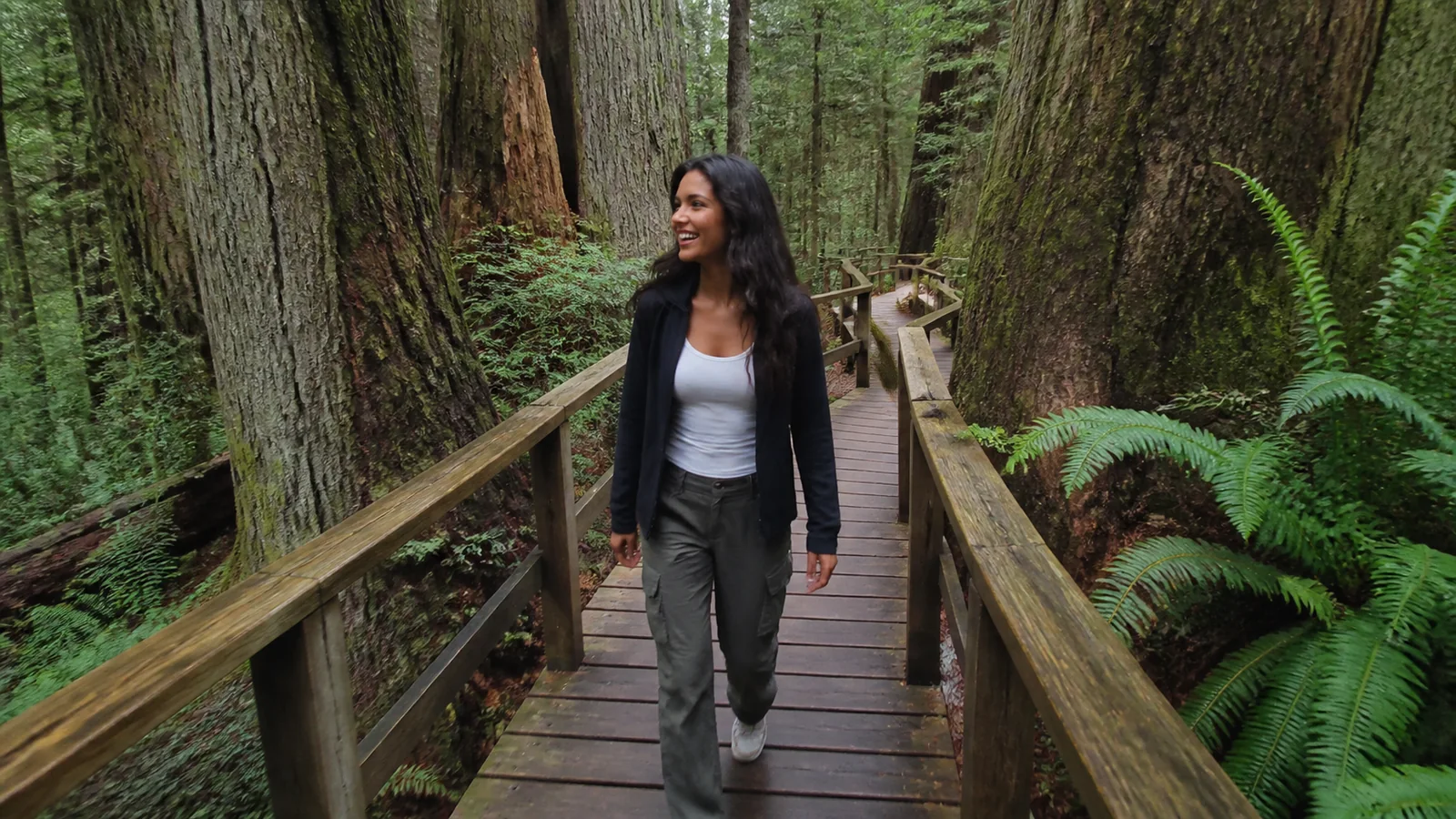 Woman walking a wooden boardwalk between massive forest trees.