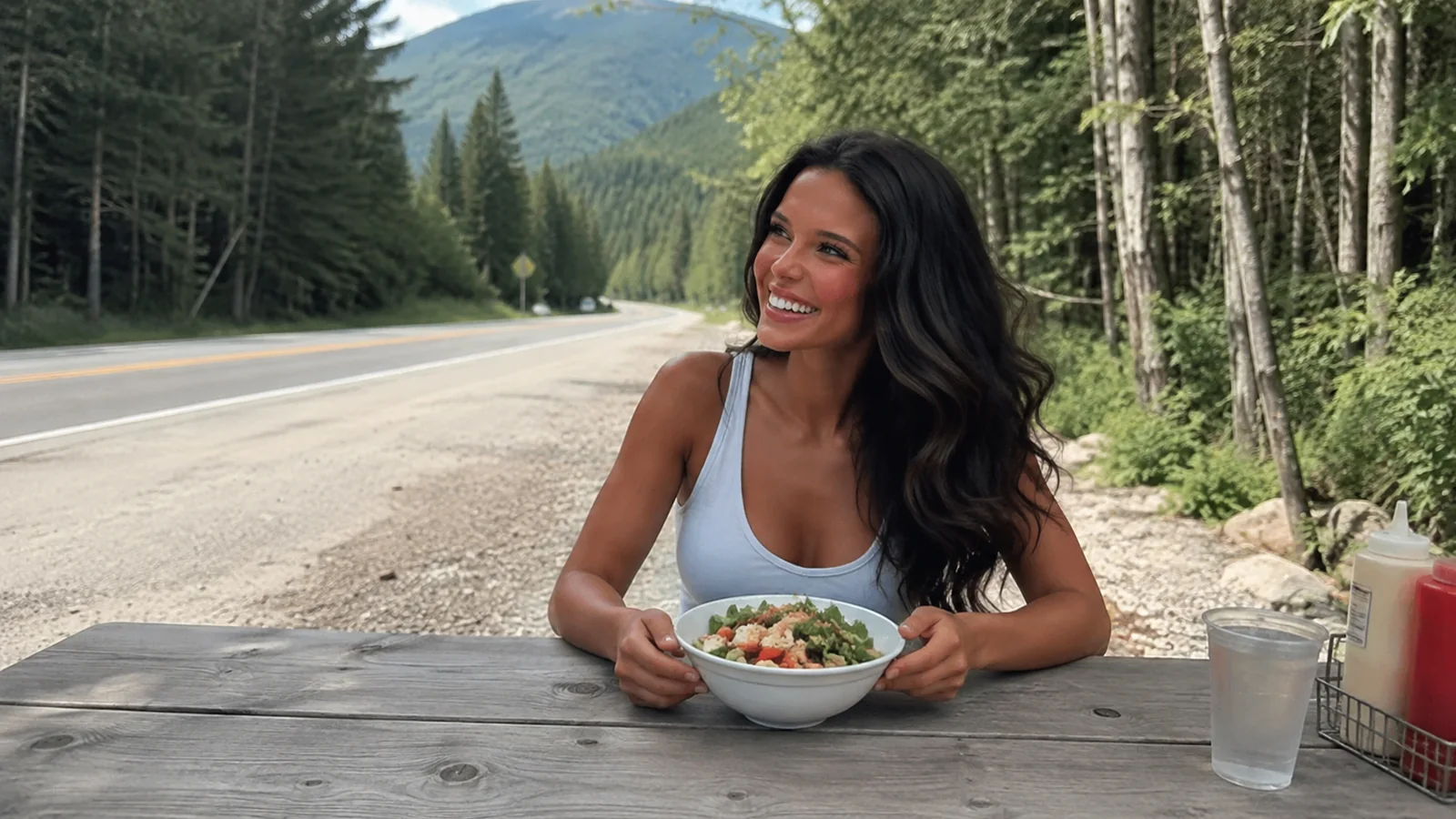 Woman eating at a roadside picnic table among tall trees.