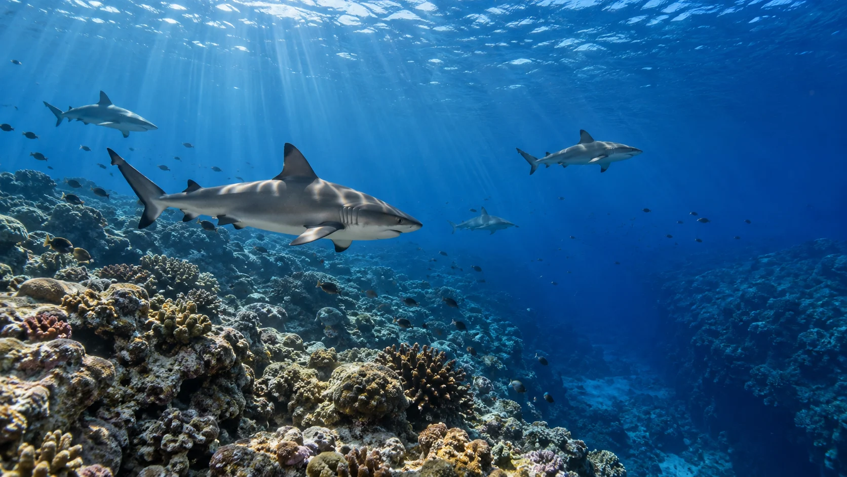 Gray reef sharks gliding above coral in the clear blue waters of Fakarava's South Pass