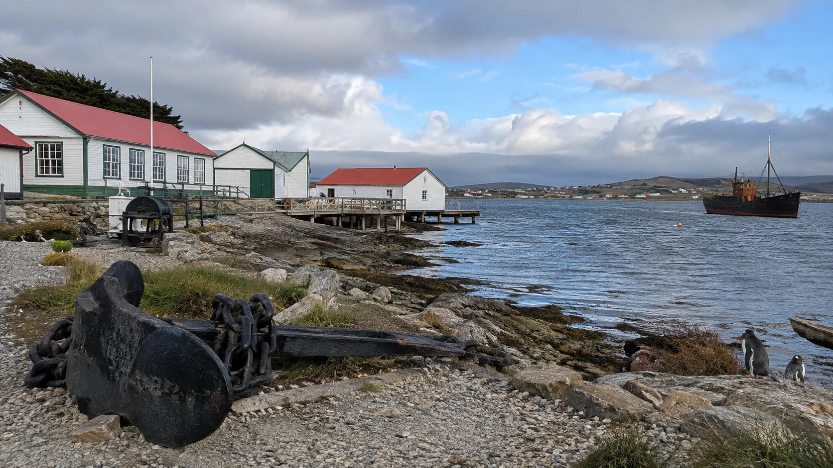 Historic Dockyard Museum buildings along Stanley's waterfront.