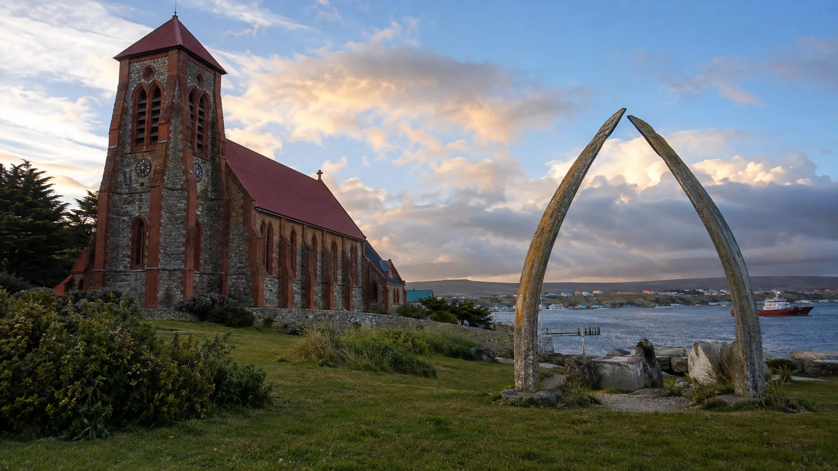 Christ Church Cathedral and the Whalebone Arch in Stanley.