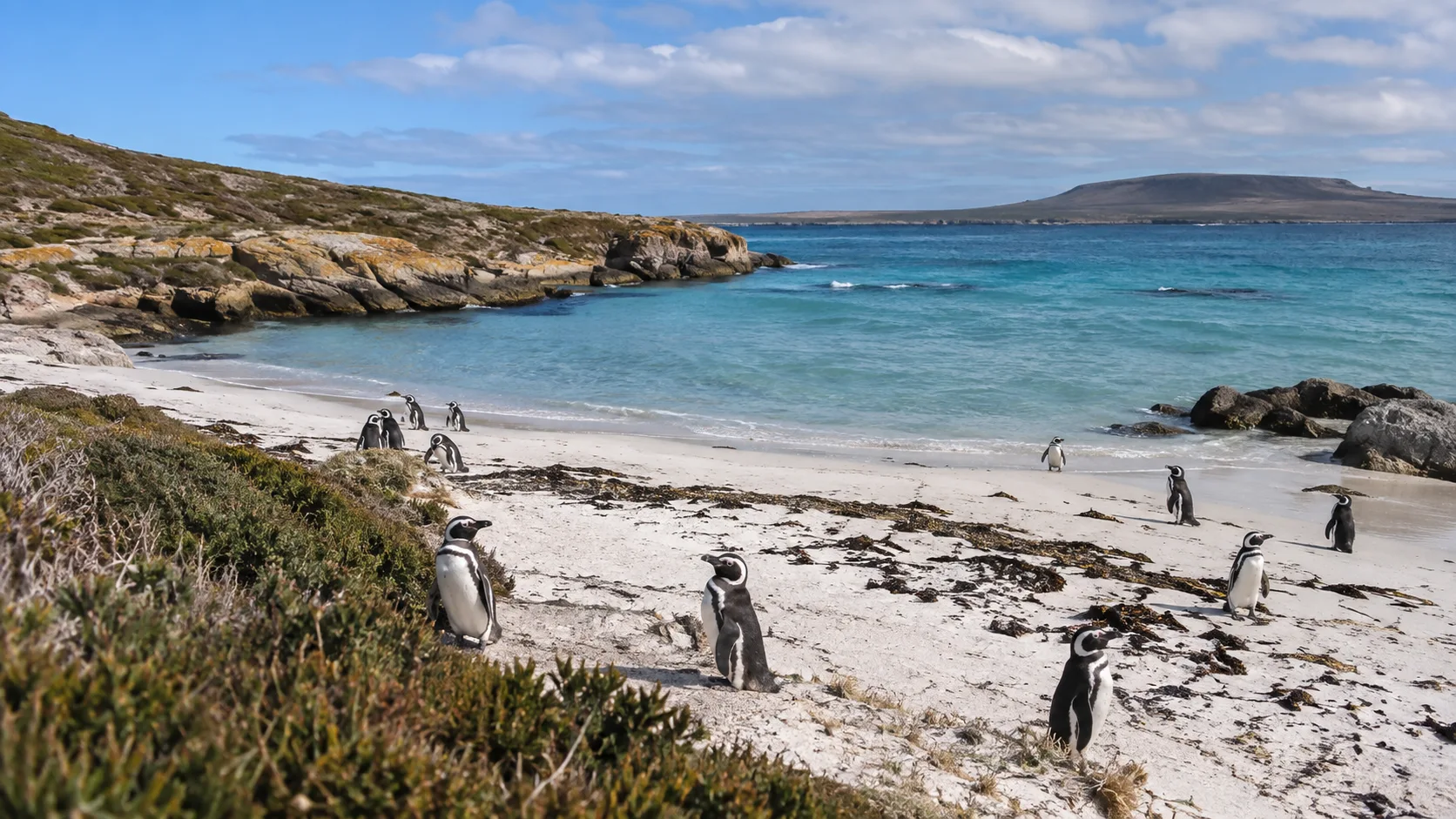 Magellanic penguins beside the pale sand and heath at Gypsy Cove.