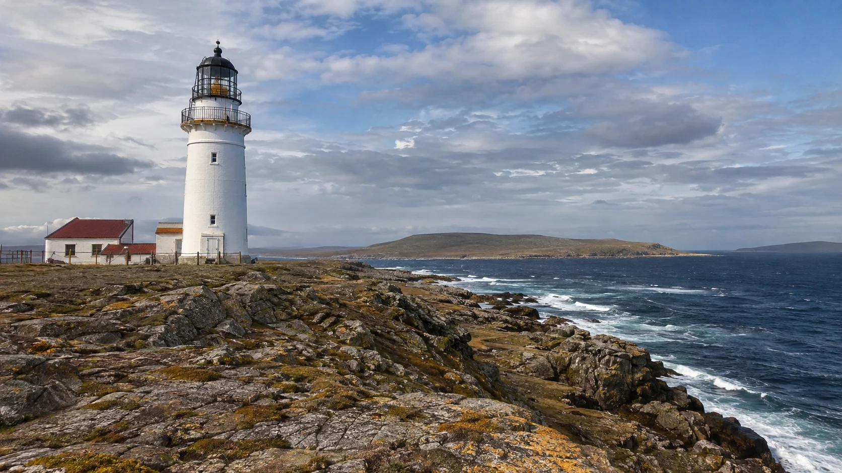 White Cape Pembroke Lighthouse on the rugged Falkland coast.