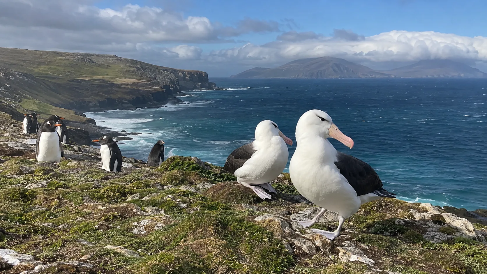 Albatross and penguins on the coastal cliffs of Saunders Island.