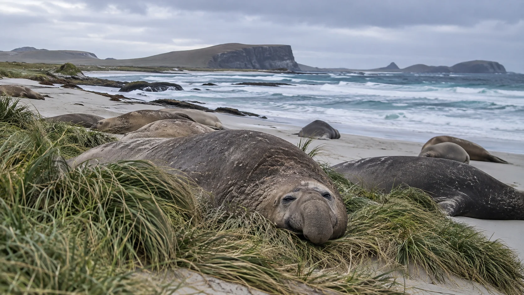 Elephant seals resting on a wild beach at Sea Lion Island.